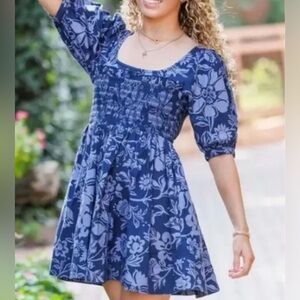Free People Blue and White Puff Sleeve Mini Sundress